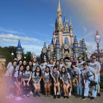 Group of students in front of the Disney castle. 